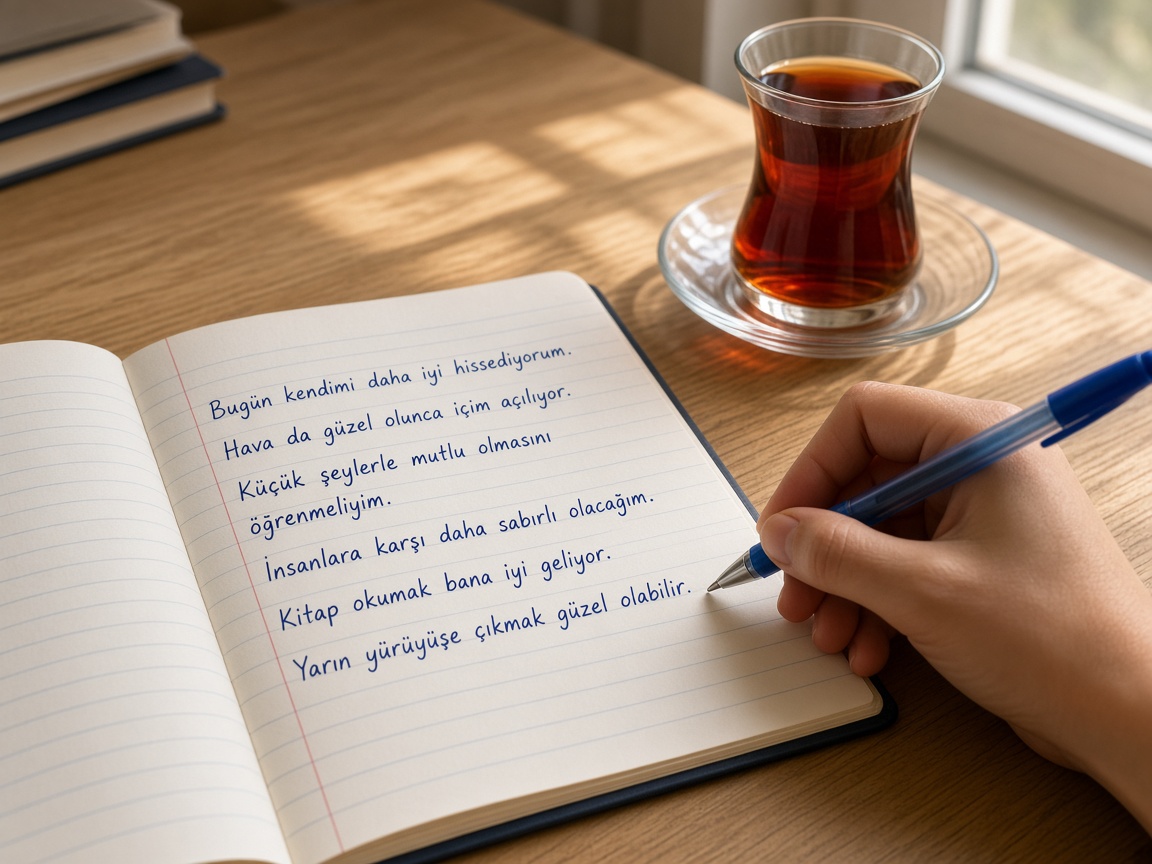 Üç satır, çay, kalem.